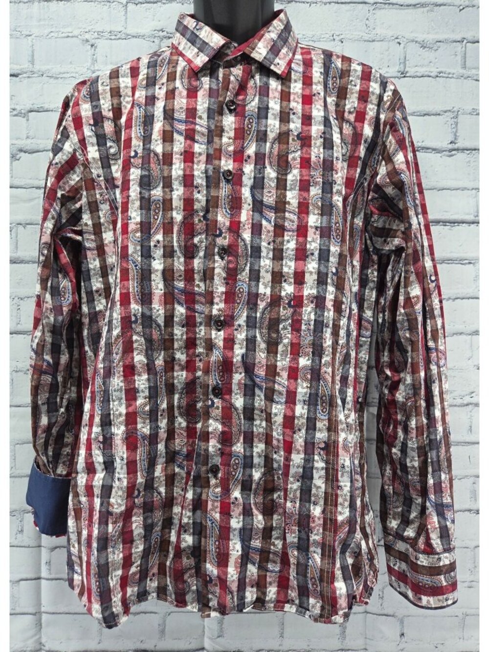 Barabas Mens Long Sleeve Paisley & Checkered Shirt Large Red/Brown
